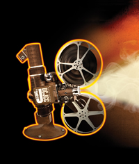 A film projector showing the burningly hot, hot films of the 18th Washington Jewish Film Festival. Also a link to go to the home page.